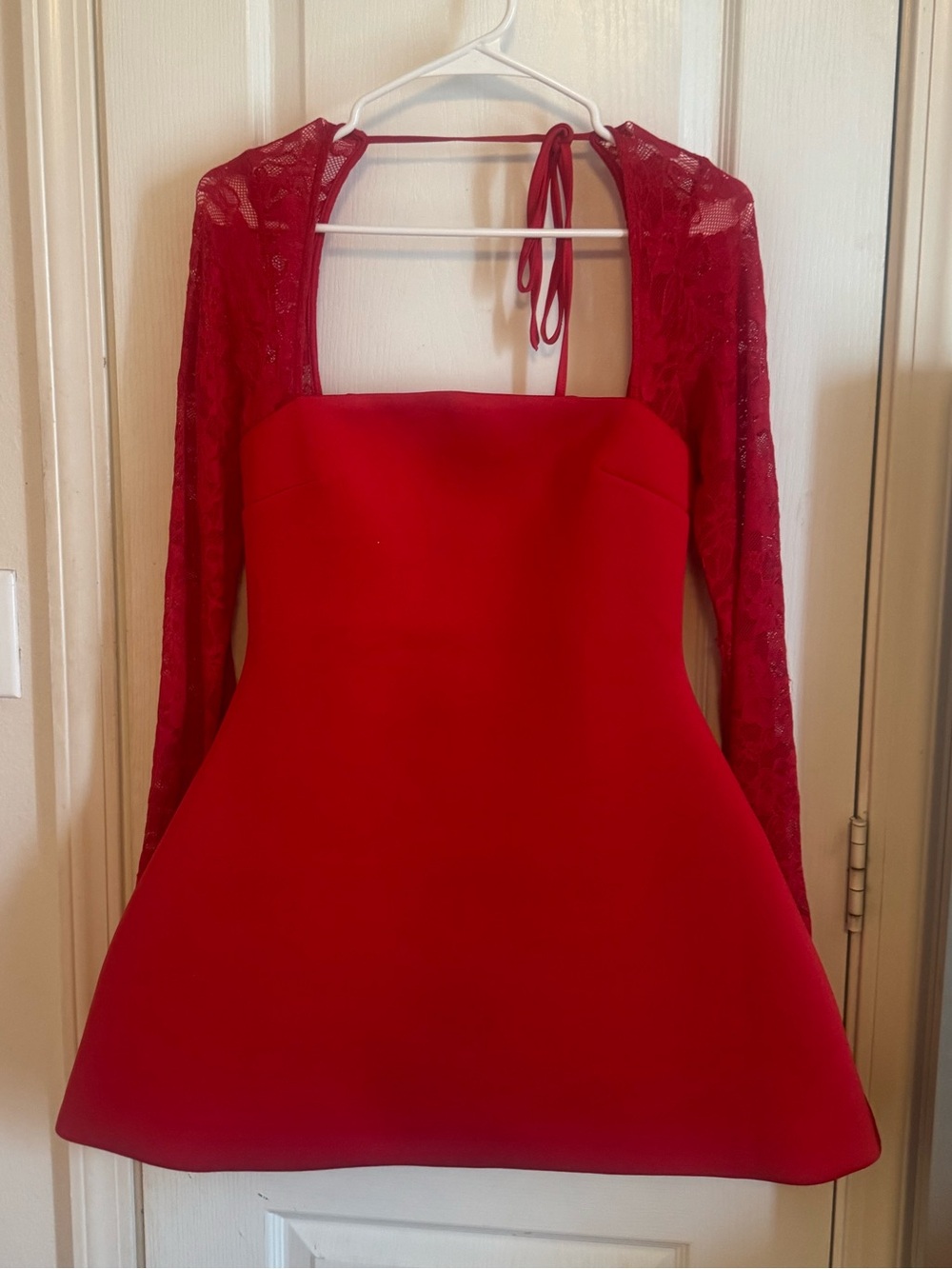 Fashion Nova Red Strapless Mini Dress with Lace Sleeves